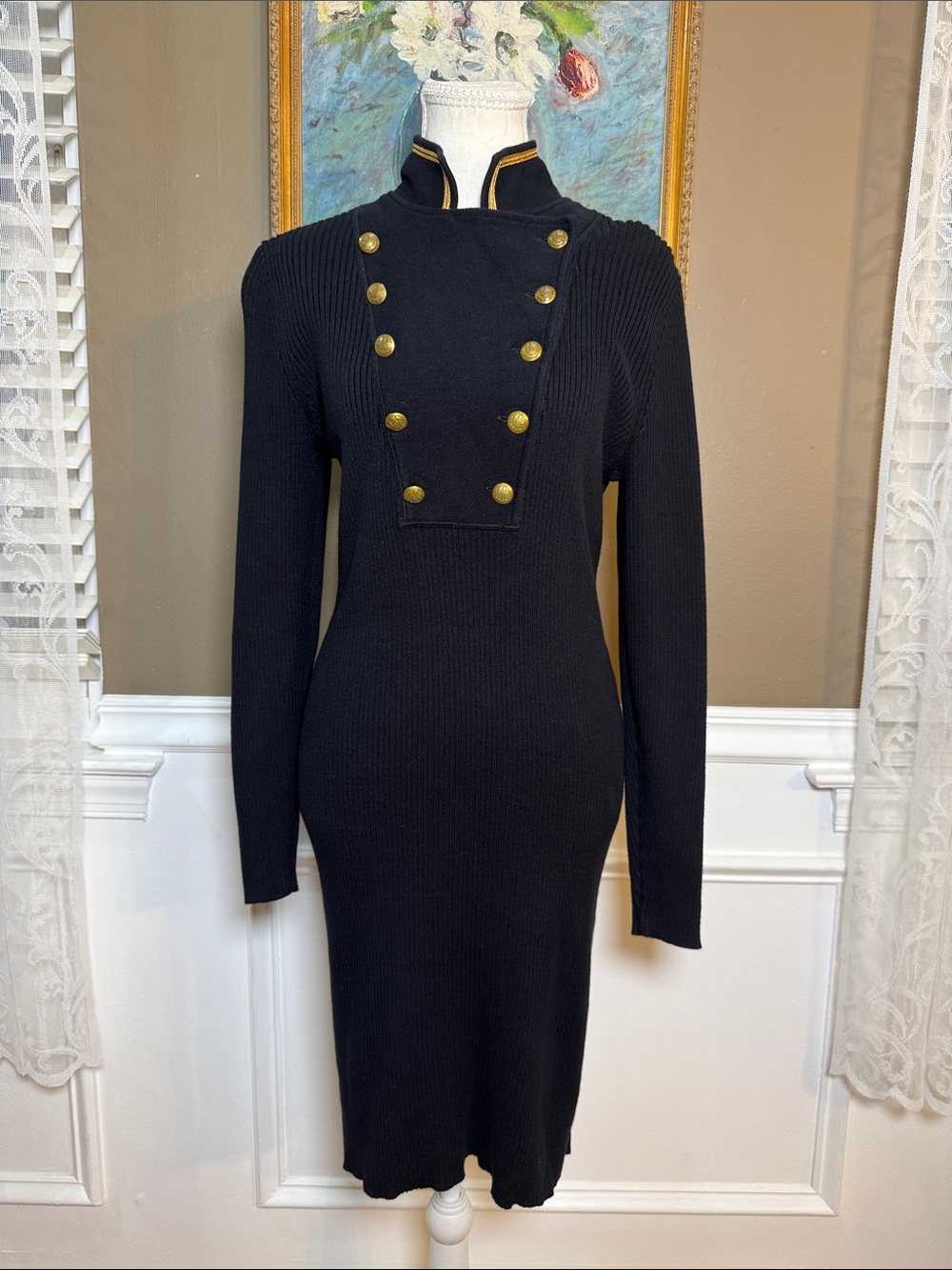 Vintage LRL Ralph Lauren Black Gold Military Sweater Dress Medium Y2K